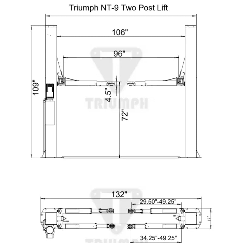 Triumph NT-9 9,000 lb Two-Post Floor Plate Lift for Low-Ceiling Spaces
